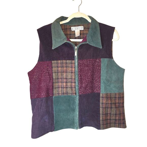 Vtg Womens Patchwork Leather & Wool Vest Green & Purple Size XL Boho Hippie - Picture 1 of 8
